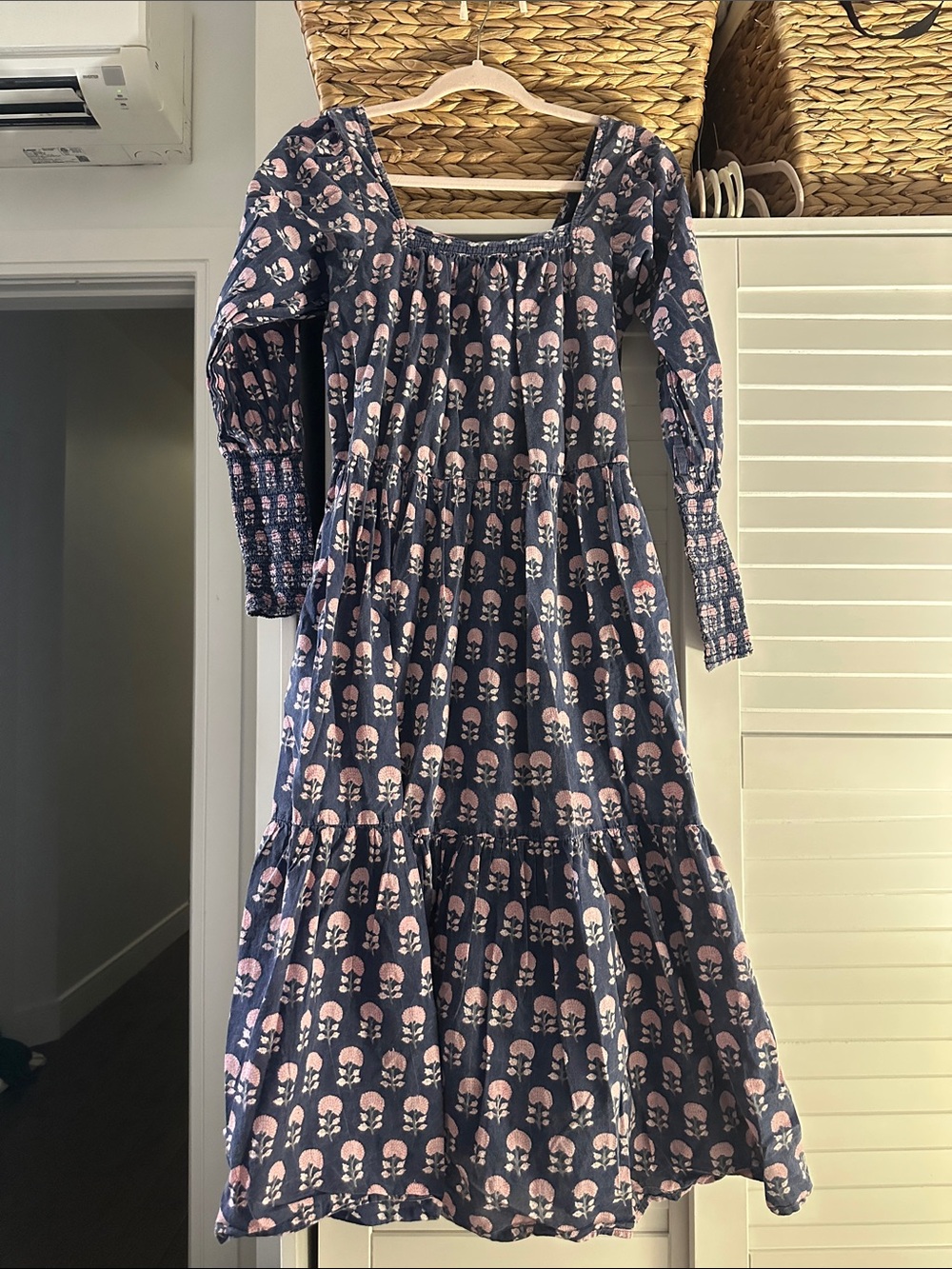 Navy Blue Floral Tiered Long-Sleeve Dress